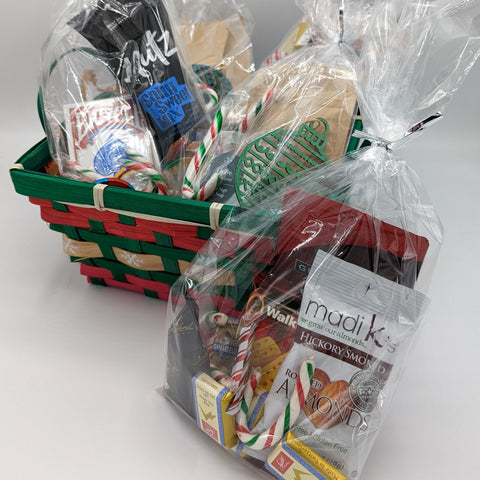 Stocking stuffer cello bags filled with a variety of snacks and spa samplers.